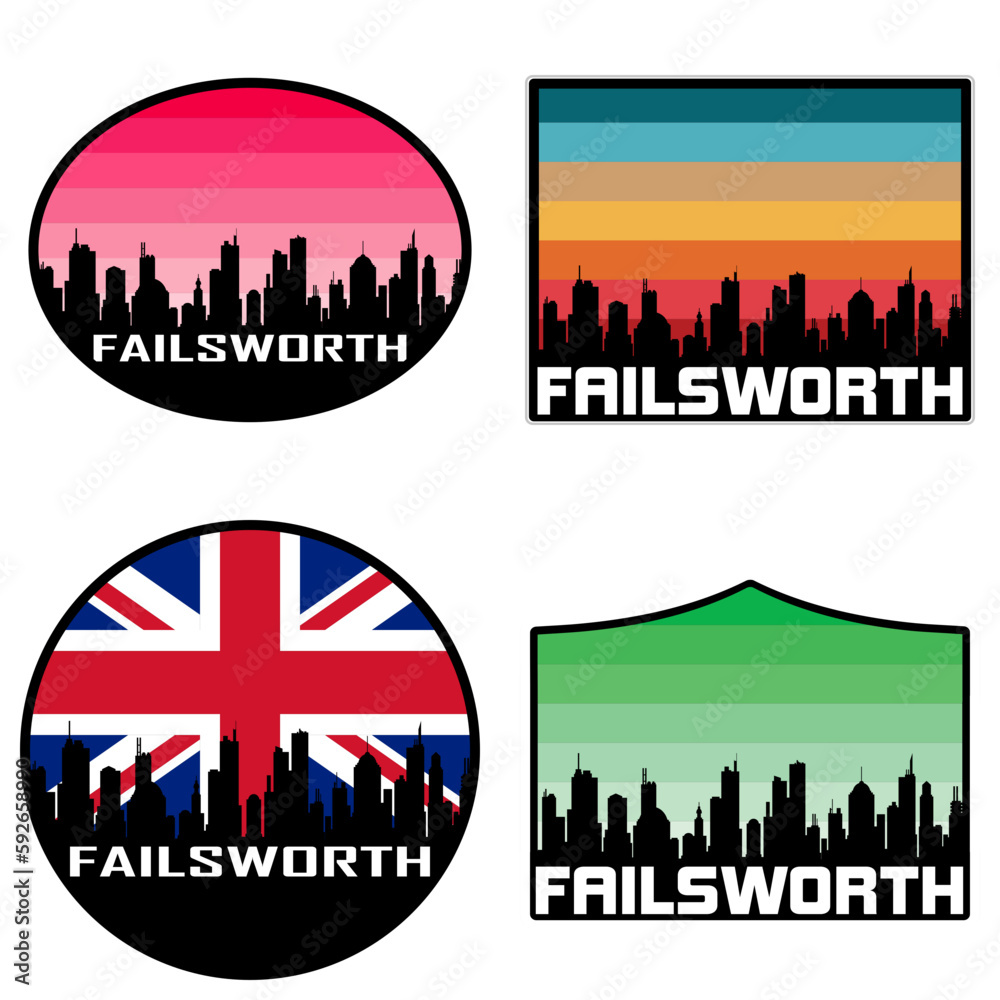 Failsworth Skyline Silhouette Uk Flag Travel Souvenir Sticker Sunset Background Vector Illustration SVG EPS AI