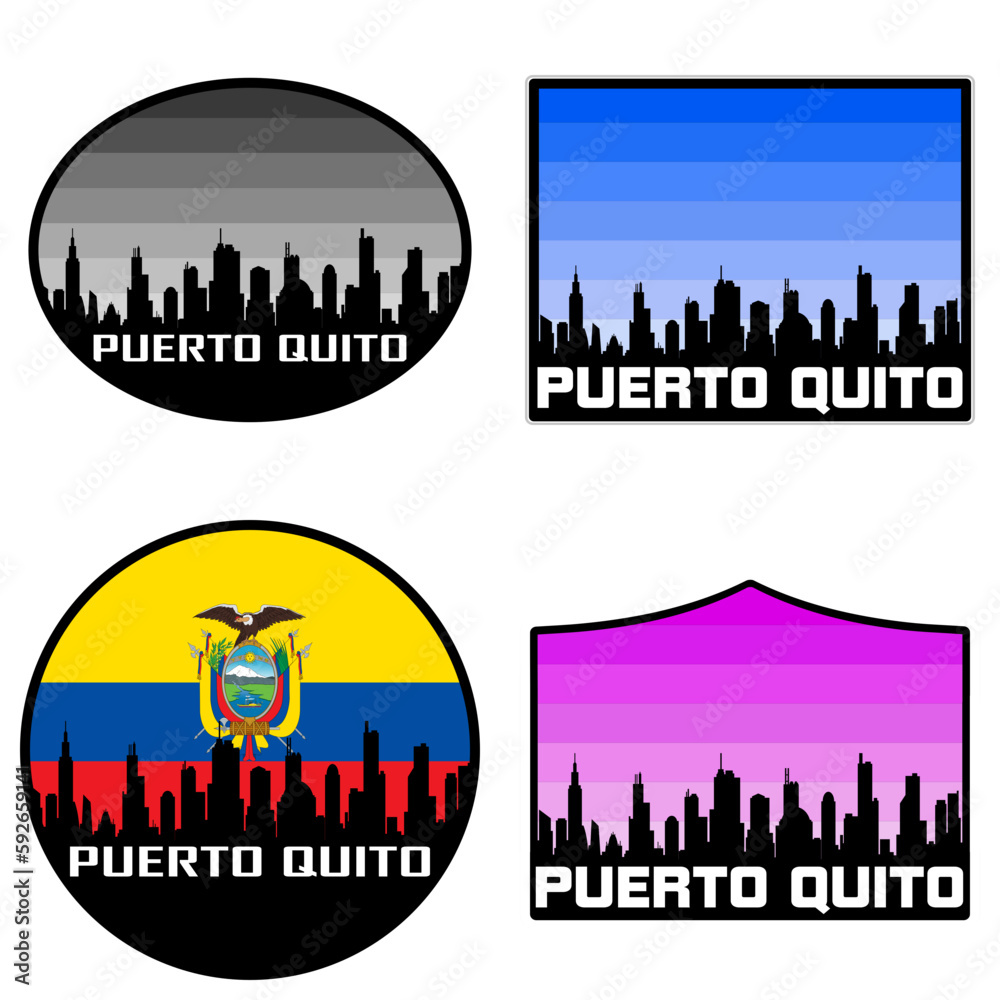 Puerto Quito Skyline Silhouette Ecuador Flag Travel Souvenir Sticker Sunset Background Vector Illustration SVG EPS AI
