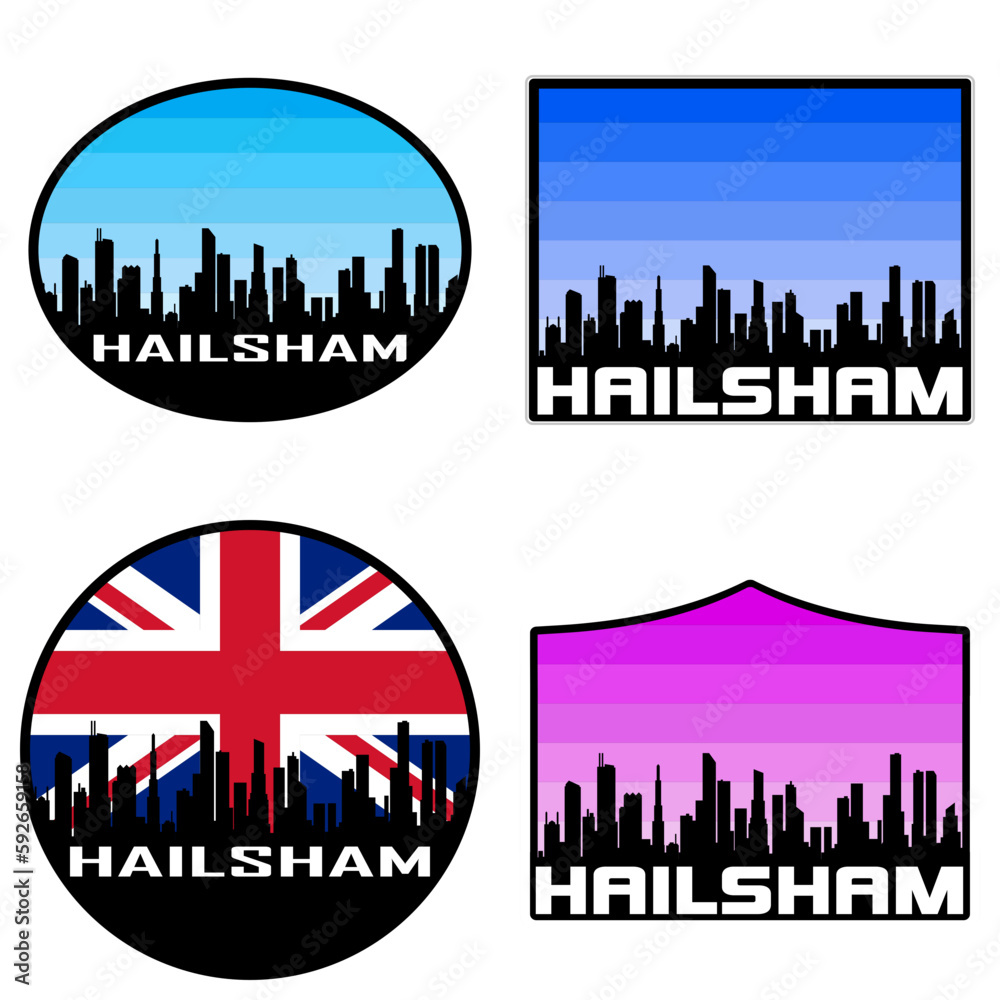 Hailsham Skyline Silhouette Uk Flag Travel Souvenir Sticker Sunset Background Vector Illustration SVG EPS AI