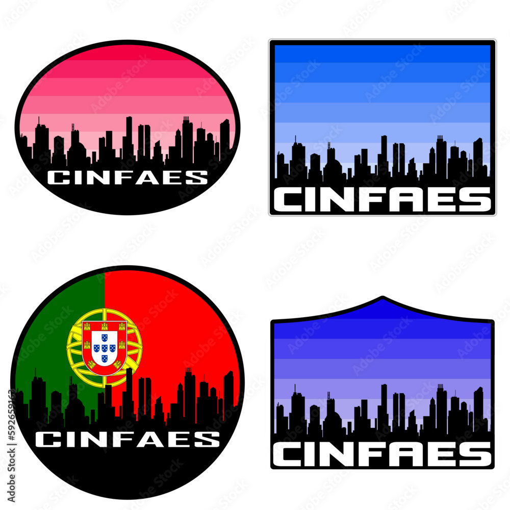 Cinfaes Skyline Silhouette Portugal Flag Travel Souvenir Sticker Sunset Background Vector Illustration SVG EPS AI