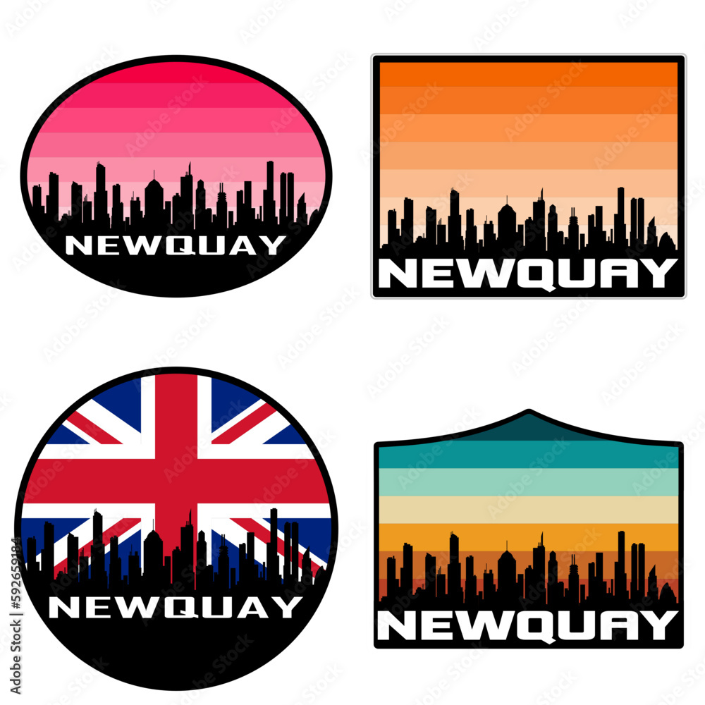 Newquay Skyline Silhouette Uk Flag Travel Souvenir Sticker Sunset Background Vector Illustration SVG EPS AI