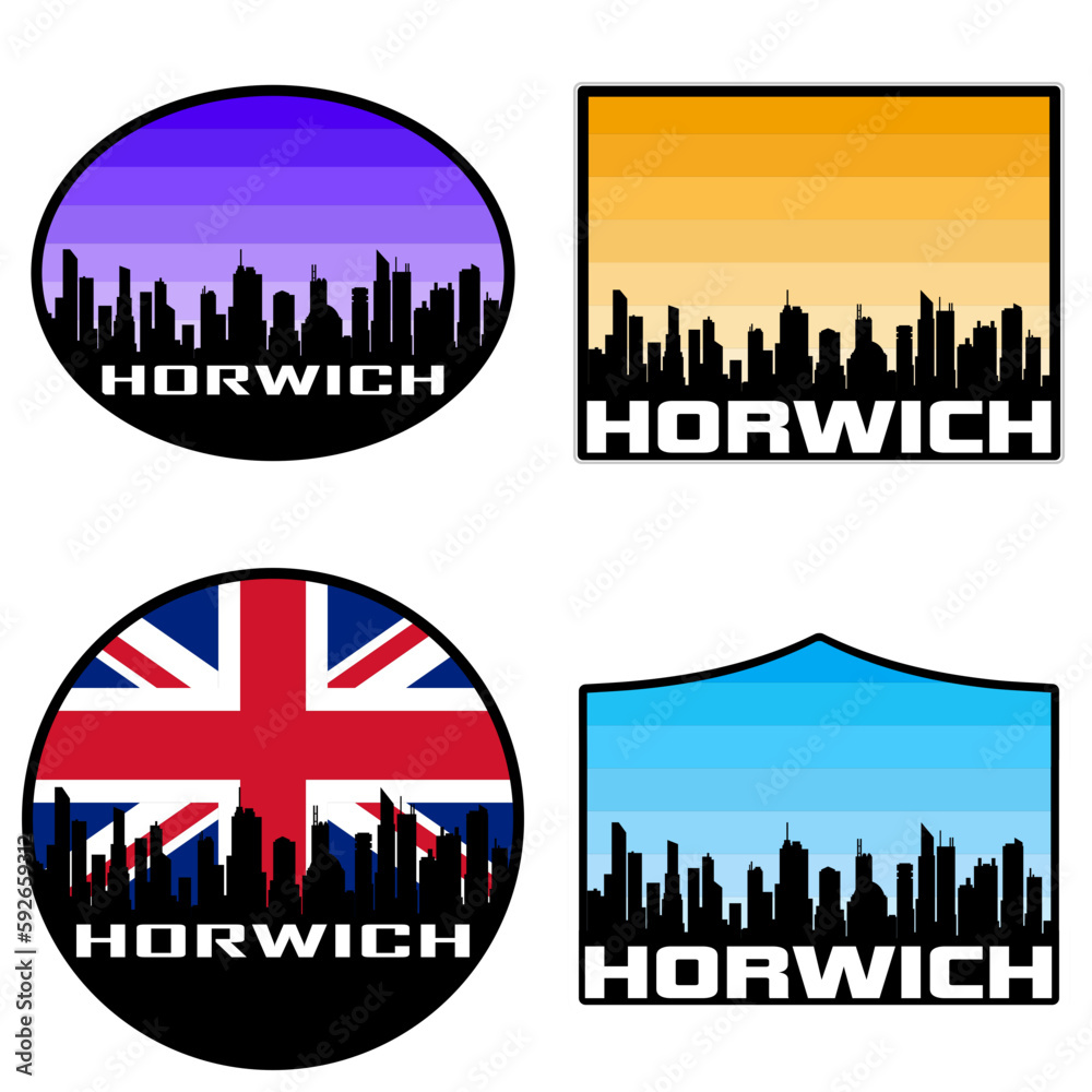 Horwich Skyline Silhouette Uk Flag Travel Souvenir Sticker Sunset Background Vector Illustration SVG EPS AI