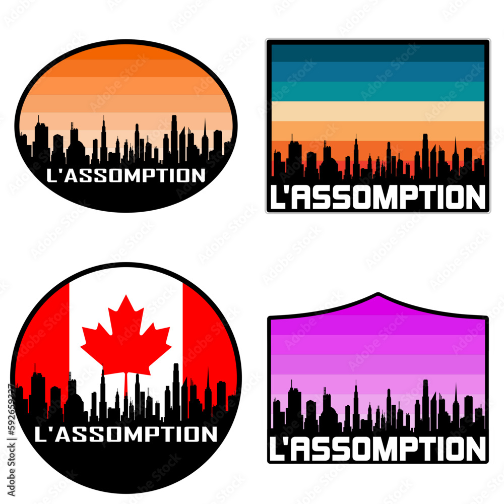 L'Assomption Skyline Silhouette Canada Flag Travel Souvenir Sticker Sunset Background Vector Illustration SVG EPS AI