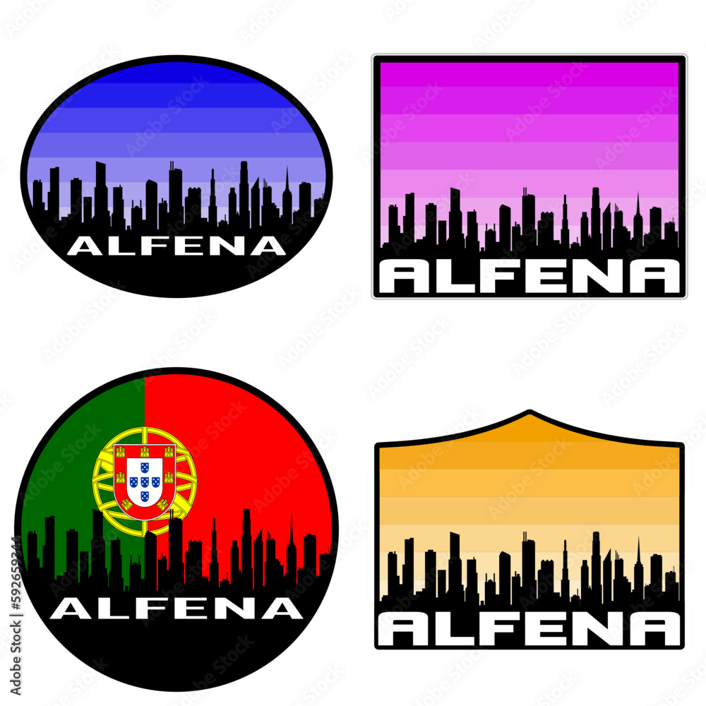 Alfena Skyline Silhouette Portugal Flag Travel Souvenir Sticker Sunset Background Vector Illustration SVG EPS AI