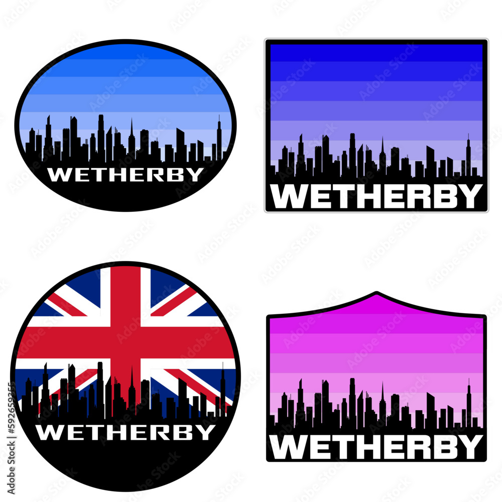 Wetherby Skyline Silhouette Uk Flag Travel Souvenir Sticker Sunset Background Vector Illustration SVG EPS AI