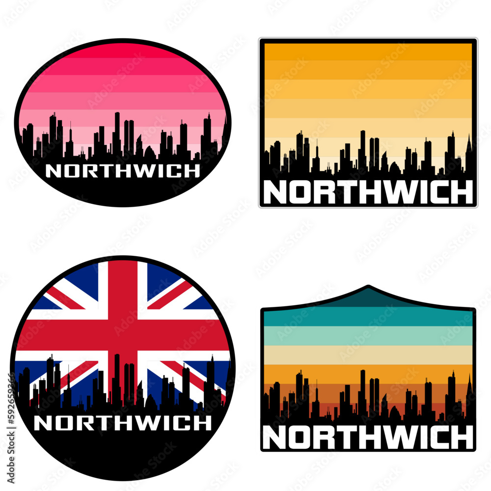 Northwich Skyline Silhouette Uk Flag Travel Souvenir Sticker Sunset Background Vector Illustration SVG EPS AI
