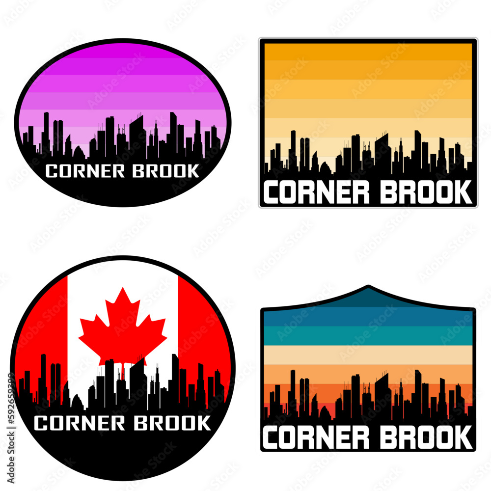 Corner Brook Skyline Silhouette Canada Flag Travel Souvenir Sticker Sunset Background Vector Illustration SVG EPS AI