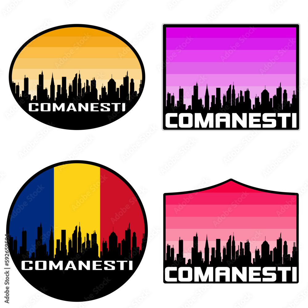 Comanesti Skyline Silhouette Romania Flag Travel Souvenir Sticker Sunset Background Vector Illustration SVG EPS AI