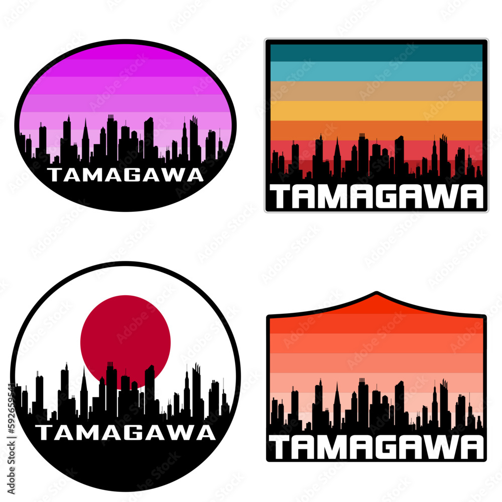 Tamagawa Skyline Silhouette Japan Flag Travel Souvenir Sticker Sunset Background Vector Illustration SVG EPS AI