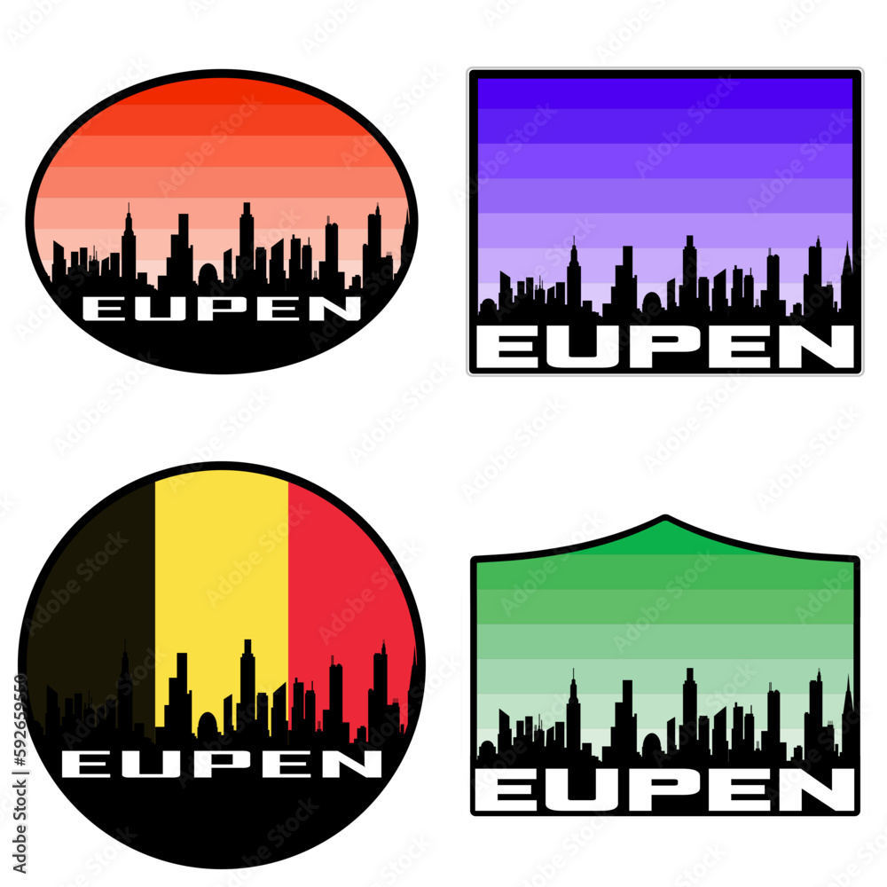 Eupen Skyline Silhouette Belgium Flag Travel Souvenir Sticker Sunset Background Vector Illustration SVG EPS AI
