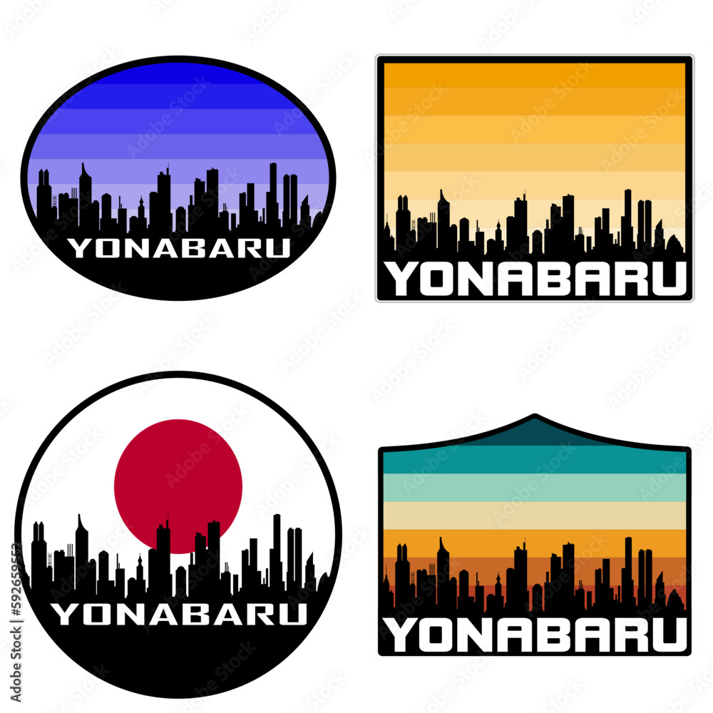 Yonabaru Skyline Silhouette Japan Flag Travel Souvenir Sticker Sunset Background Vector Illustration SVG EPS AI