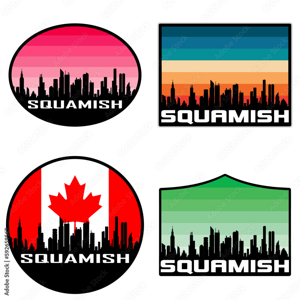 Squamish Skyline Silhouette Canada Flag Travel Souvenir Sticker Sunset Background Vector Illustration SVG EPS AI