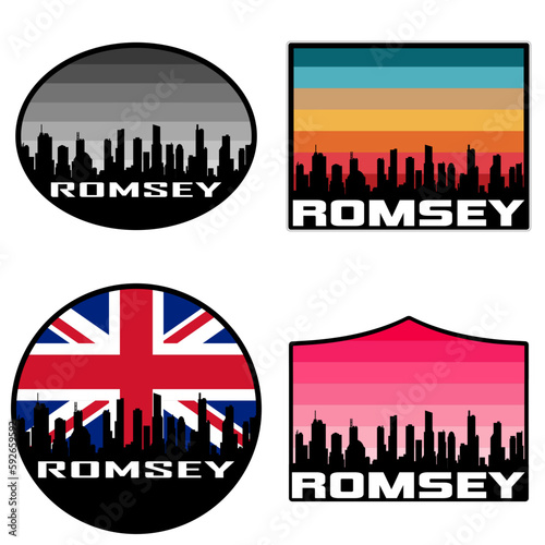 Romsey Skyline Silhouette Uk Flag Travel Souvenir Sticker Sunset Background Vector Illustration SVG EPS AI