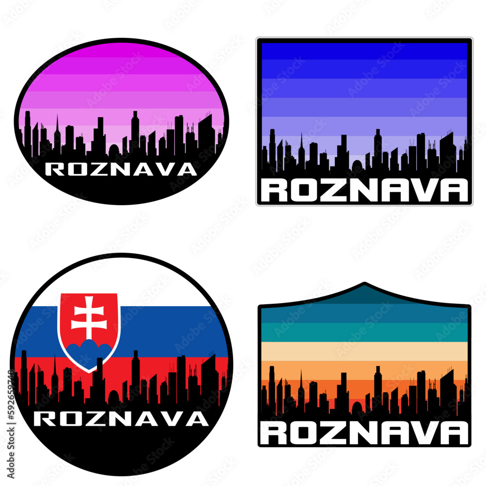 Roznava Skyline Silhouette Slovakia Flag Travel Souvenir Sticker Sunset Background Vector Illustration SVG EPS AI