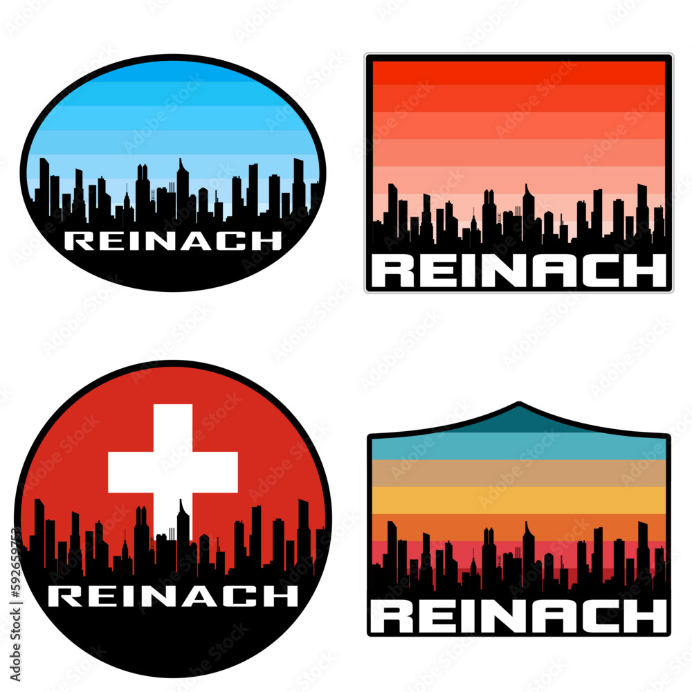 Reinach Skyline Silhouette Switzerland Flag Travel Souvenir Sticker Sunset Background Vector Illustration SVG EPS AI