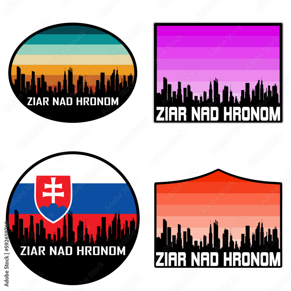 Ziar nad Hronom Skyline Silhouette Slovakia Flag Travel Souvenir Sticker Sunset Background Vector Illustration SVG EPS AI