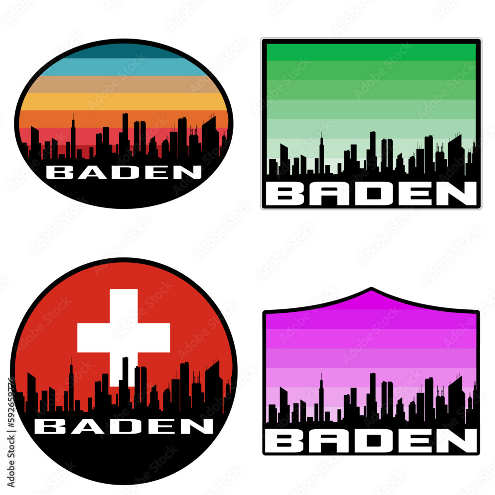 Baden Skyline Silhouette Switzerland Flag Travel Souvenir Sticker Sunset Background Vector Illustration SVG EPS AI