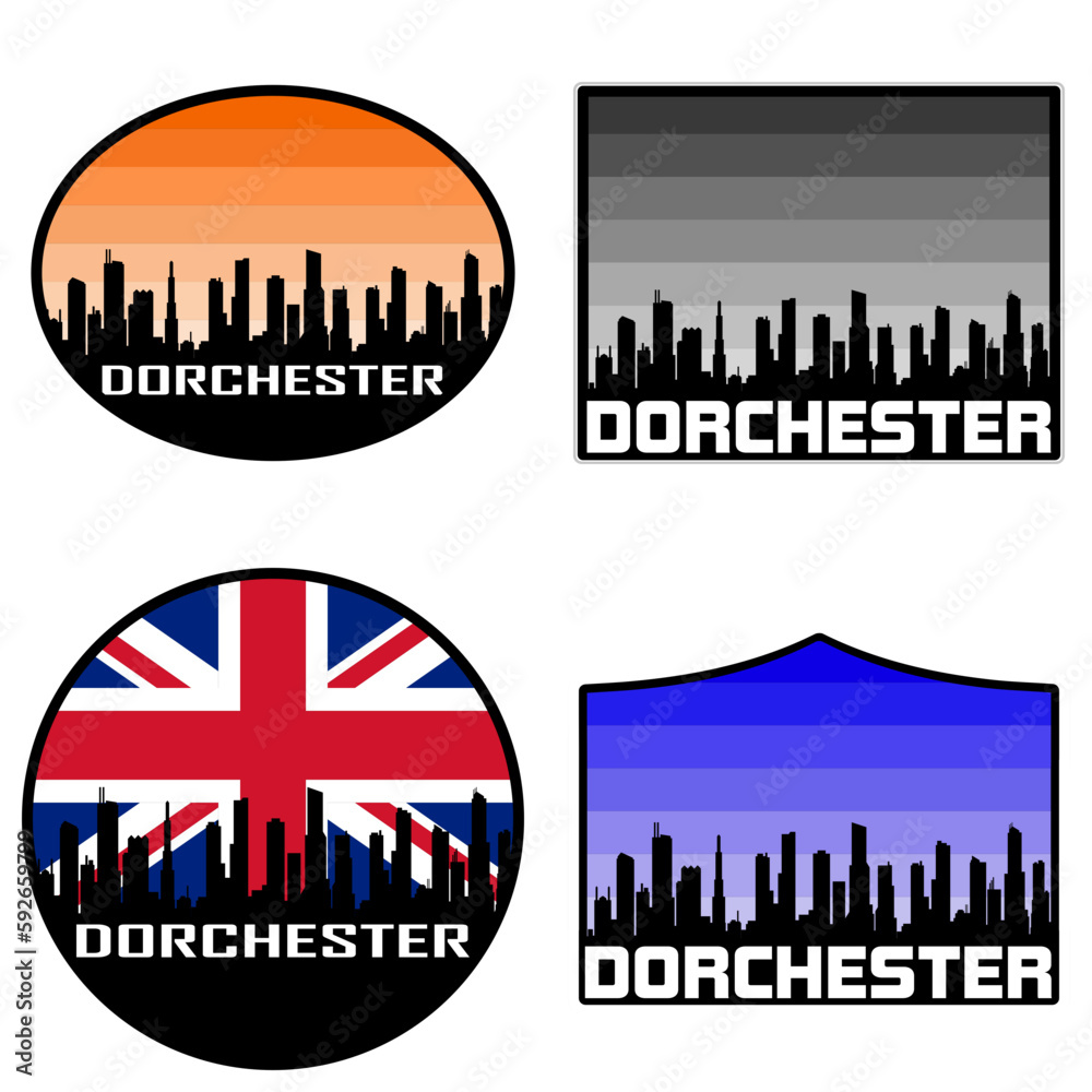 Dorchester Skyline Silhouette Uk Flag Travel Souvenir Sticker Sunset Background Vector Illustration SVG EPS AI