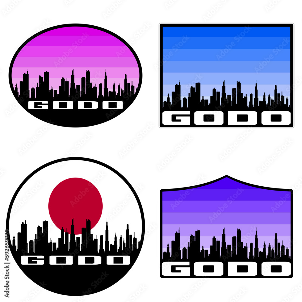 Godo Skyline Silhouette Japan Flag Travel Souvenir Sticker Sunset Background Vector Illustration SVG EPS AI