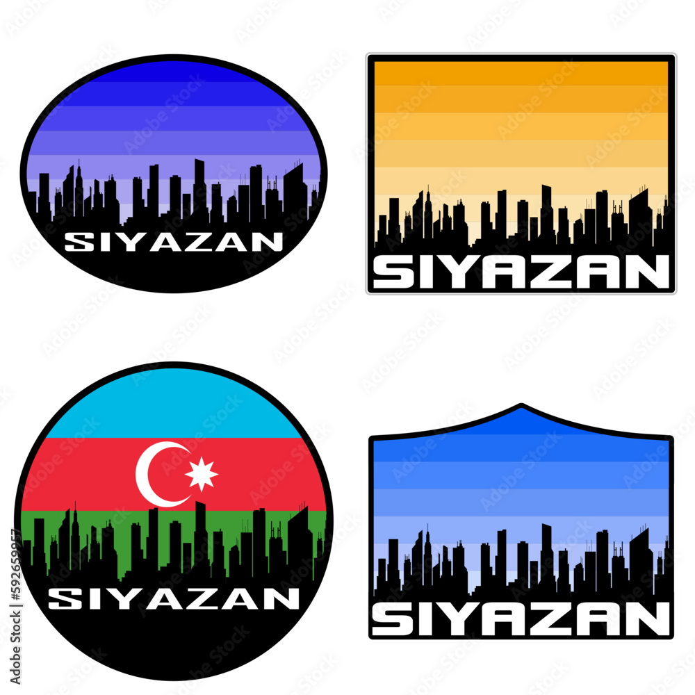 Siyazan Skyline Silhouette Azerbaijan Flag Travel Souvenir Sticker Sunset Background Vector Illustration SVG EPS AI