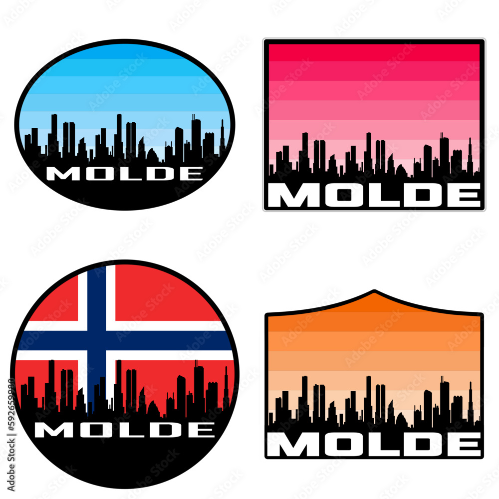 Molde Skyline Silhouette Norway Flag Travel Souvenir Sticker Sunset Background Vector Illustration SVG EPS AI