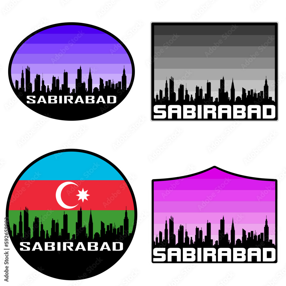 Sabirabad Skyline Silhouette Azerbaijan Flag Travel Souvenir Sticker Sunset Background Vector Illustration SVG EPS AI