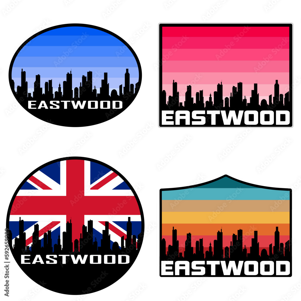 Eastwood Skyline Silhouette Uk Flag Travel Souvenir Sticker Sunset Background Vector Illustration SVG EPS AI
