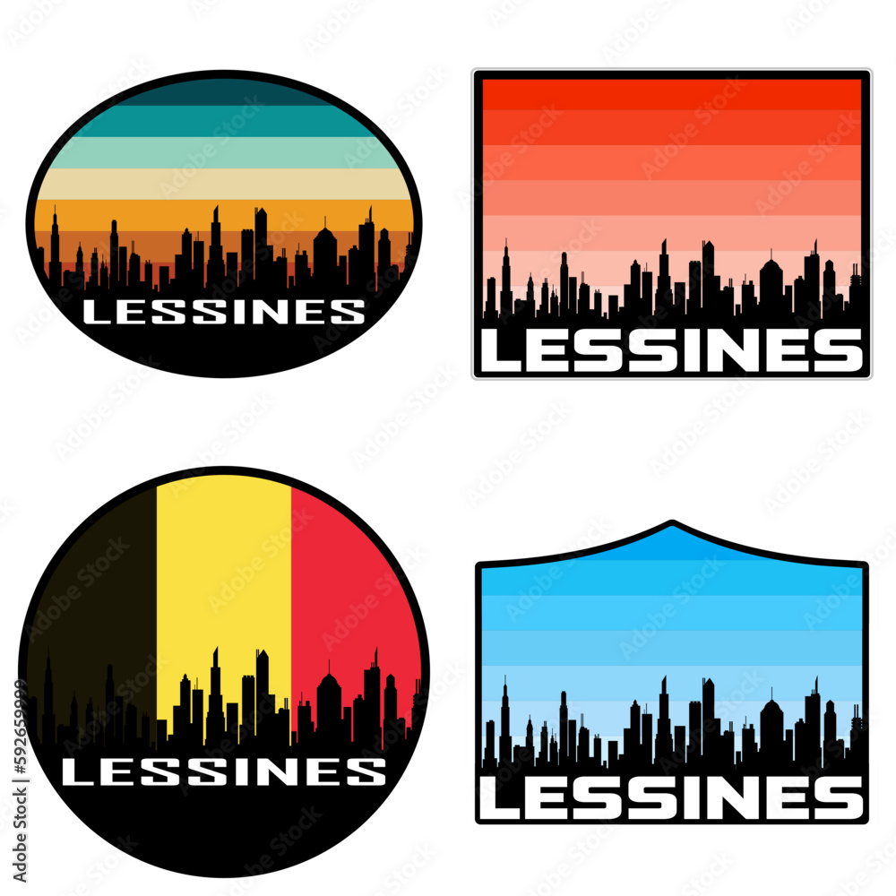 Lessines Skyline Silhouette Belgium Flag Travel Souvenir Sticker Sunset Background Vector Illustration SVG EPS AI