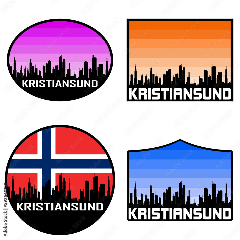 Kristiansund Skyline Silhouette Norway Flag Travel Souvenir Sticker Sunset Background Vector Illustration SVG EPS AI