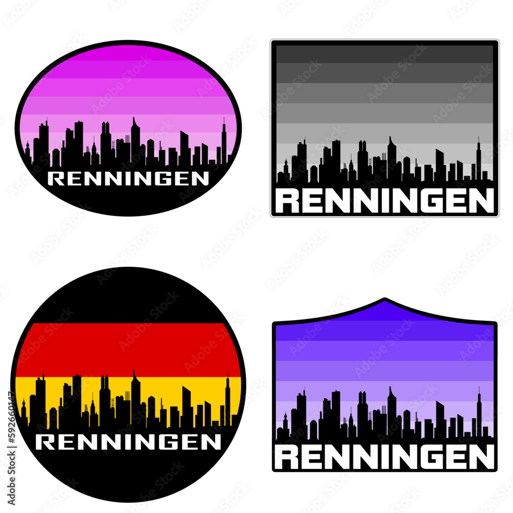 Renningen Skyline Silhouette Germany Flag Travel Souvenir Sticker Sunset Background Vector Illustration SVG EPS AI