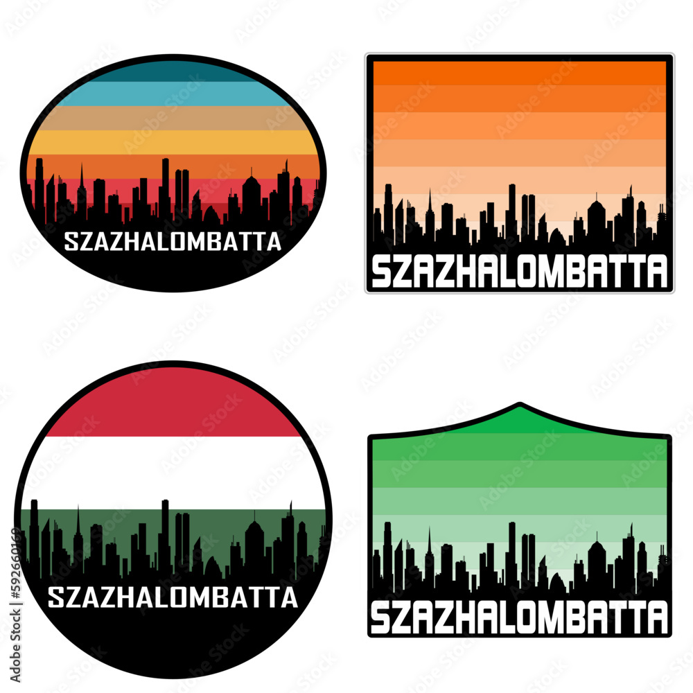 Szazhalombatta Skyline Silhouette Hungary Flag Travel Souvenir Sticker Sunset Background Vector Illustration SVG EPS AI