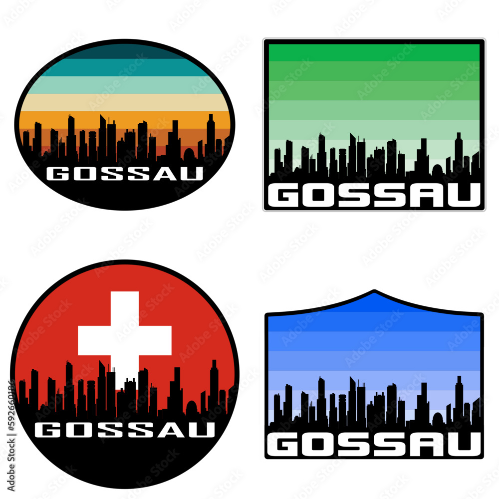 Gossau Skyline Silhouette Switzerland Flag Travel Souvenir Sticker Sunset Background Vector Illustration SVG EPS AI