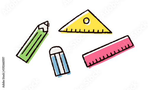 カラフルな文房具のシンプルな手描きベクター線画イラスト