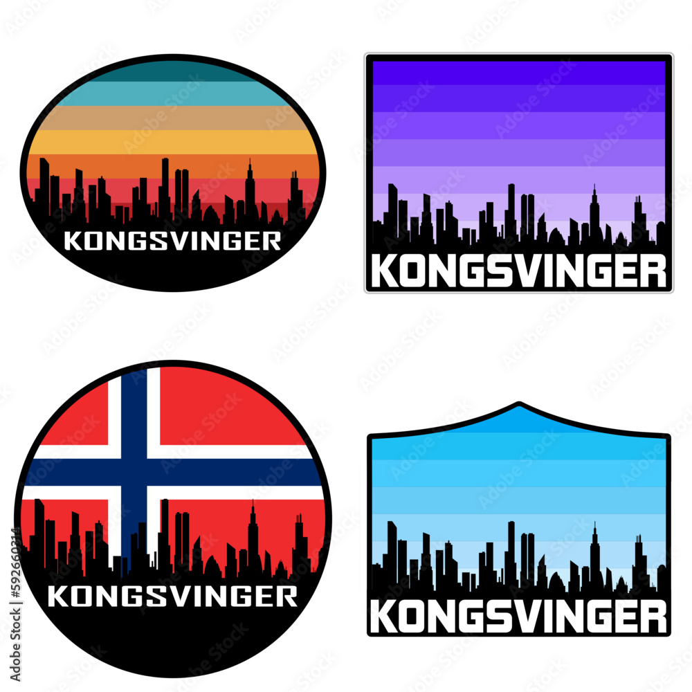 Kongsvinger Skyline Silhouette Norway Flag Travel Souvenir Sticker Sunset Background Vector Illustration SVG EPS AI