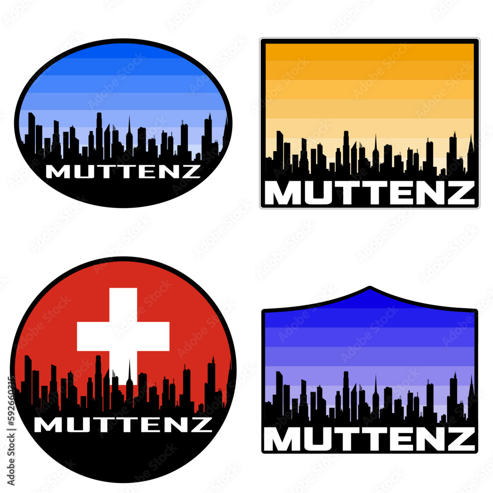 Muttenz Skyline Silhouette Switzerland Flag Travel Souvenir Sticker Sunset Background Vector Illustration SVG EPS AI