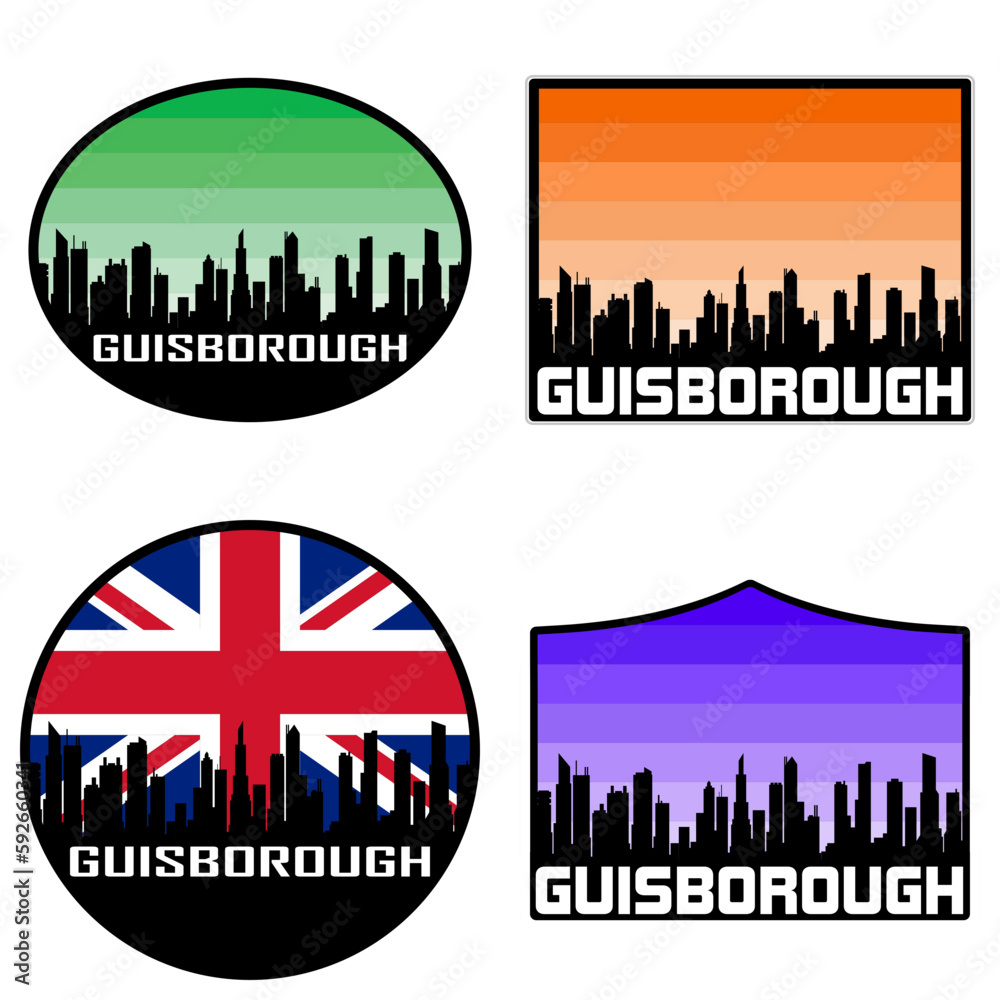 Guisborough Skyline Silhouette Uk Flag Travel Souvenir Sticker Sunset Background Vector Illustration SVG EPS AI