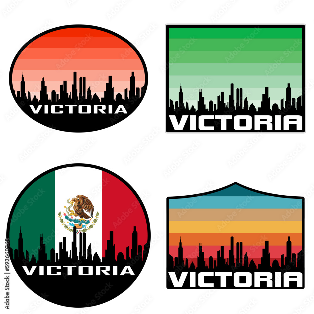 Victoria Skyline Silhouette Mexico Flag Travel Souvenir Sticker Sunset Background Vector Illustration SVG EPS AI
