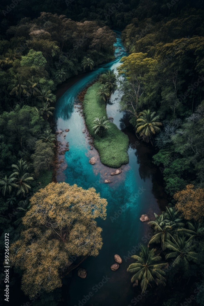 A drone photo captures the lush greenery of the jungle, with a winding river cutting through the dense foliage. The tranquil water offers a glimpse of serenity amidst the wild surroundings.