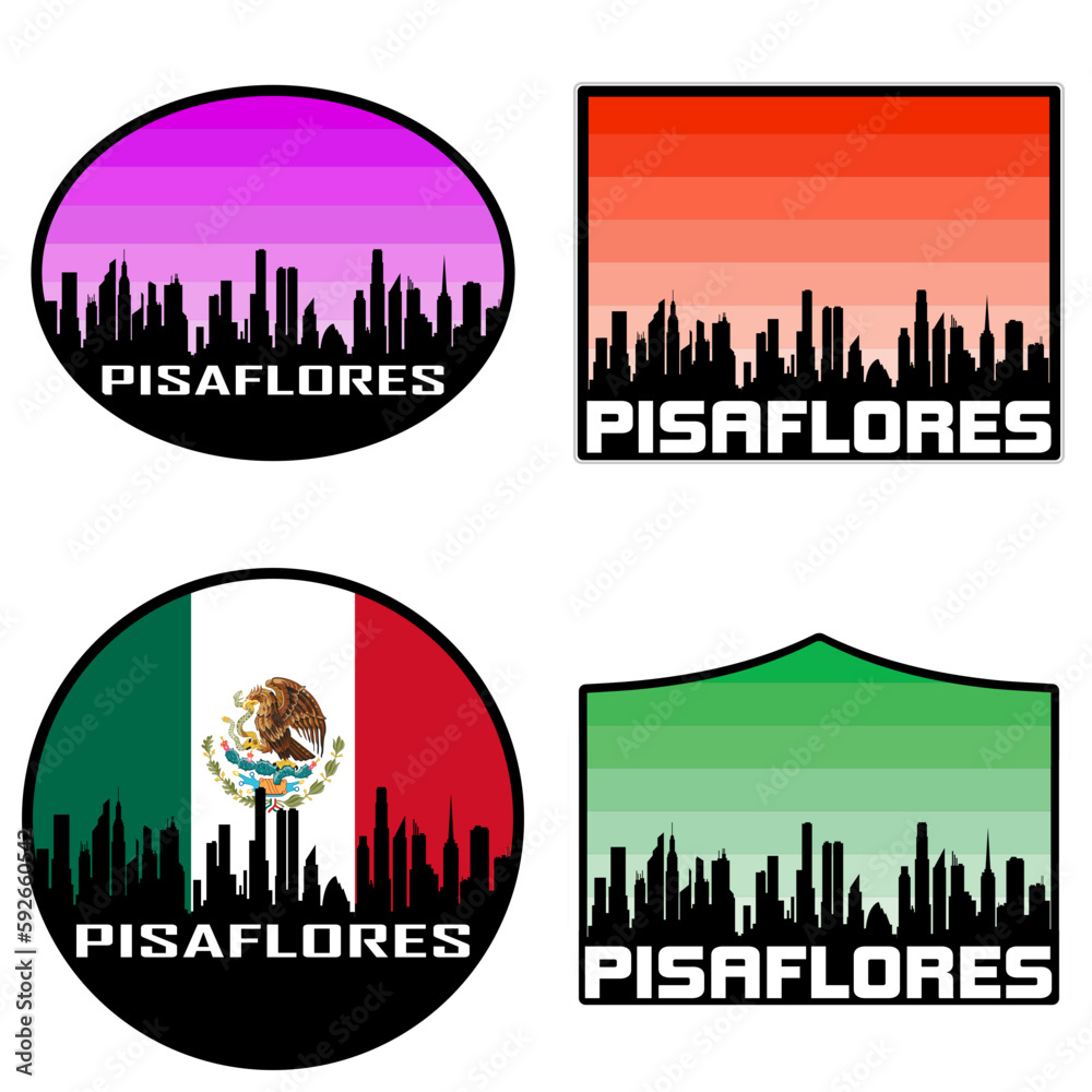 Pisaflores Skyline Silhouette Mexico Flag Travel Souvenir Sticker Sunset Background Vector Illustration SVG EPS AI