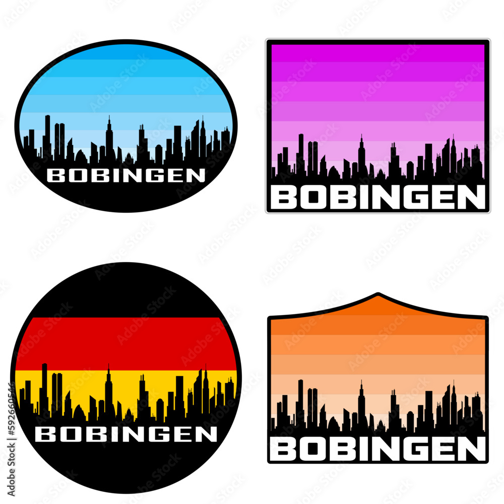 Bobingen Skyline Silhouette Germany Flag Travel Souvenir Sticker Sunset Background Vector Illustration SVG EPS AI