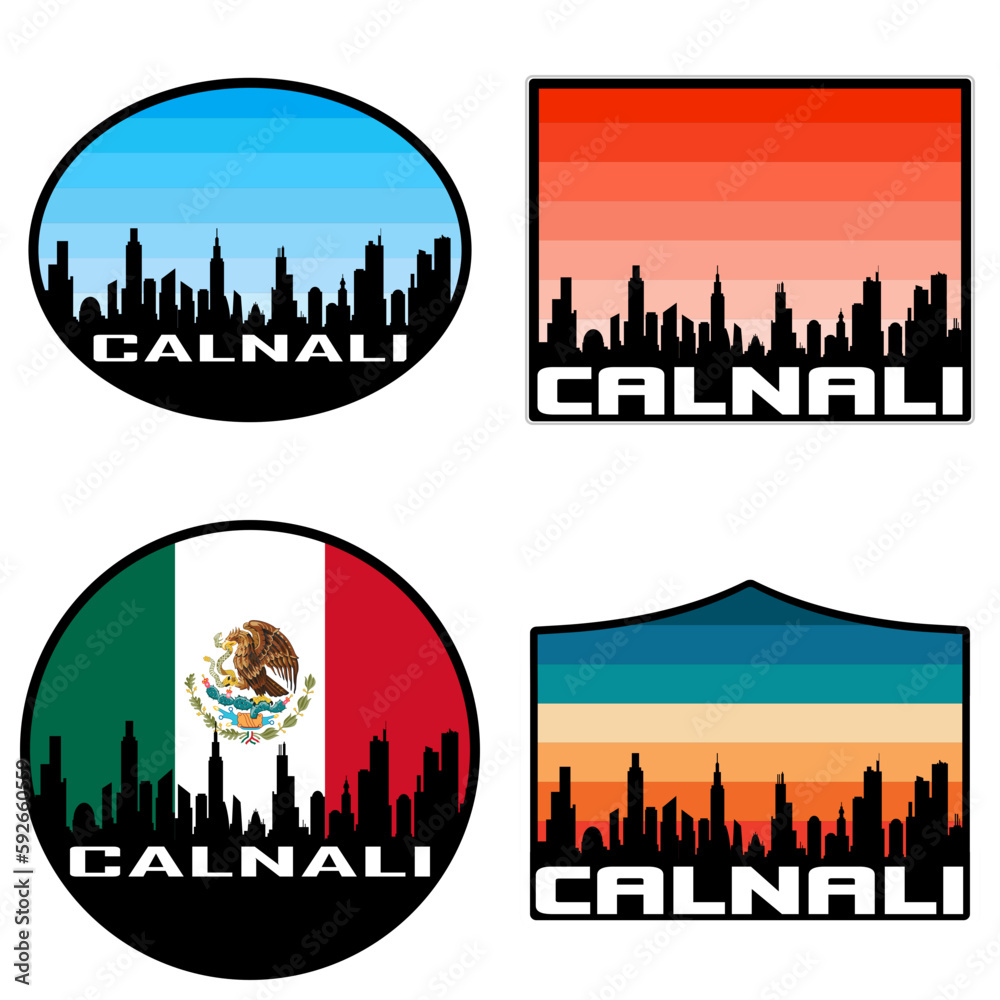 Calnali Skyline Silhouette Mexico Flag Travel Souvenir Sticker Sunset Background Vector Illustration SVG EPS AI