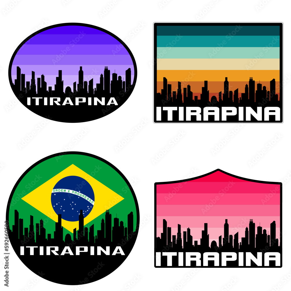 Itirapina Skyline Silhouette Brazil Flag Travel Souvenir Sticker Sunset Background Vector Illustration SVG EPS AI