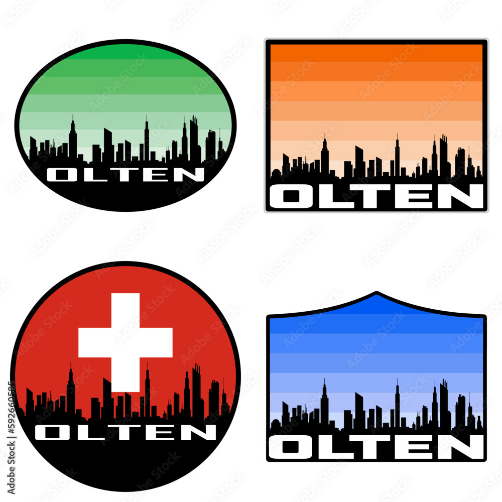 Olten Skyline Silhouette Switzerland Flag Travel Souvenir Sticker Sunset Background Vector Illustration SVG EPS AI