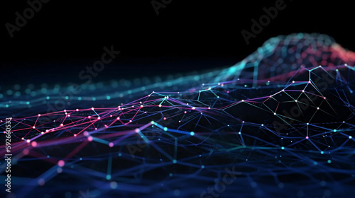Cyber big data flow. Blockchain data fields. Network line connect stream. Concept of AI technology, digital communication, science research, 3D illustration neural cells © visionart