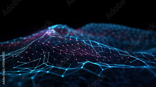 Cyber big data flow. Blockchain data fields. Network line connect stream. Concept of AI technology, digital communication, science research, 3D illustration neural cells