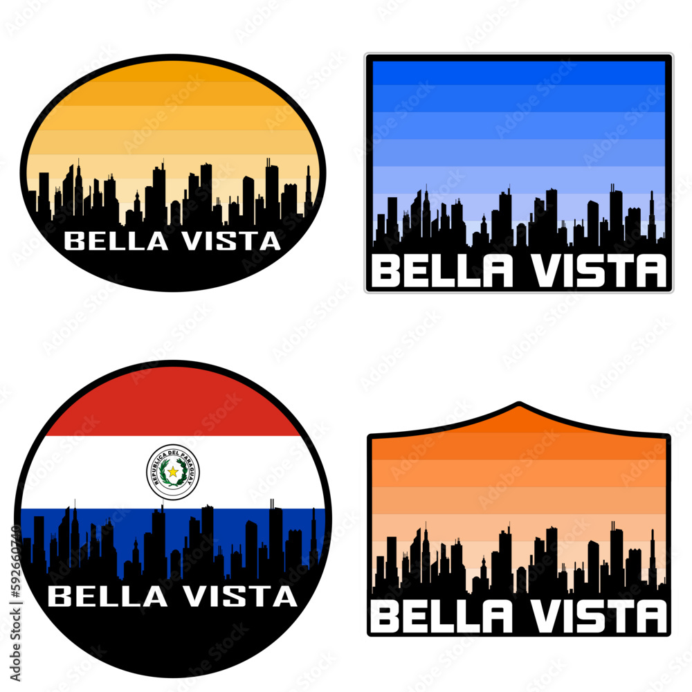 Bella Vista Skyline Silhouette Paraguay Flag Travel Souvenir Sticker Sunset Background Vector Illustration SVG EPS AI