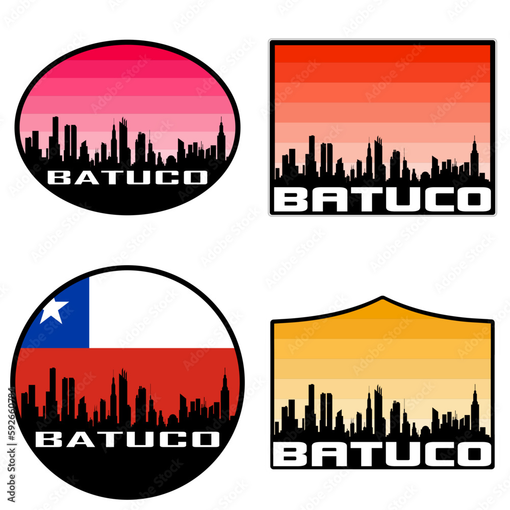 Batuco Skyline Silhouette Chile Flag Travel Souvenir Sticker Sunset Background Vector Illustration SVG EPS AI