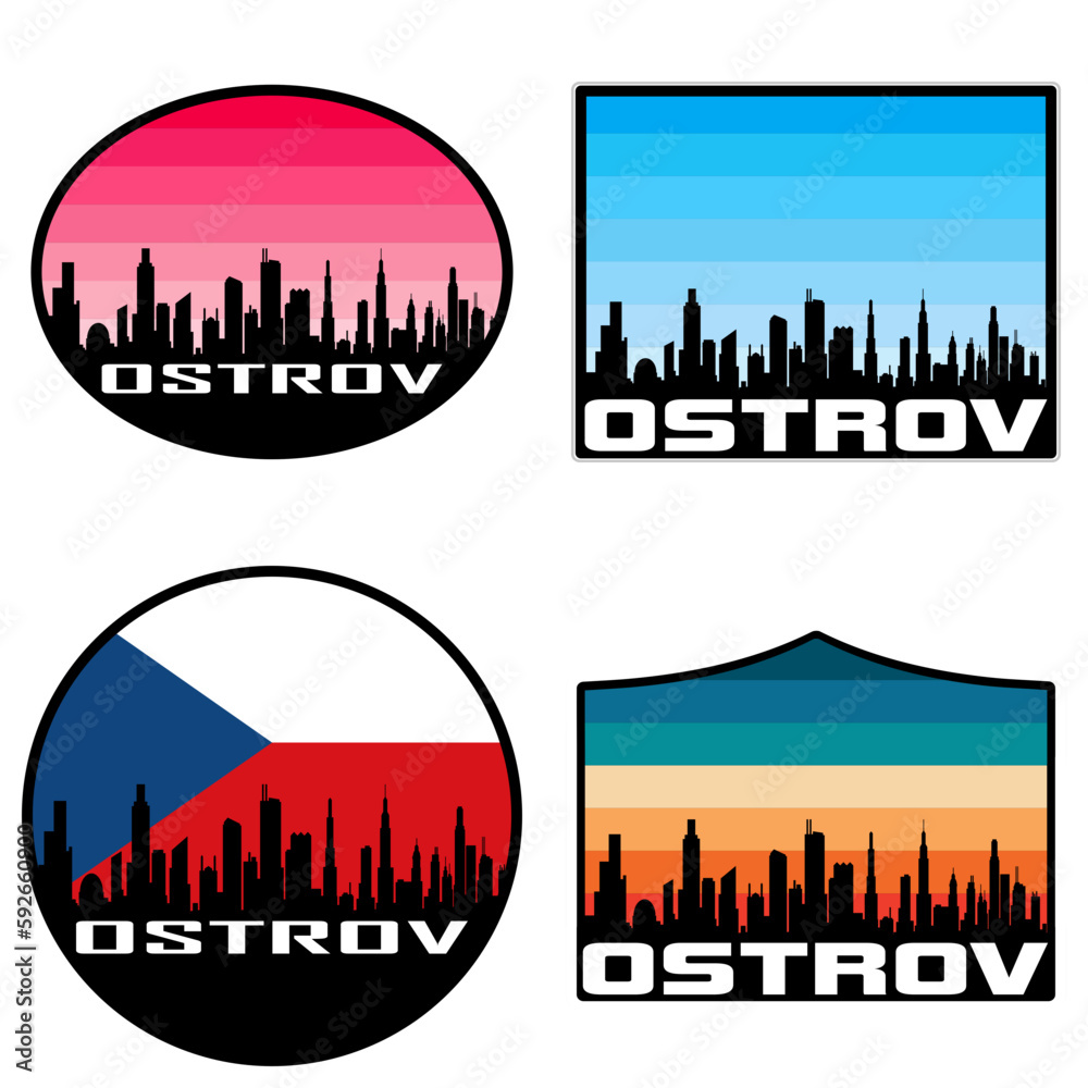 Ostrov Skyline Silhouette Czech Flag Travel Souvenir Sticker Sunset Background Vector Illustration SVG EPS AI