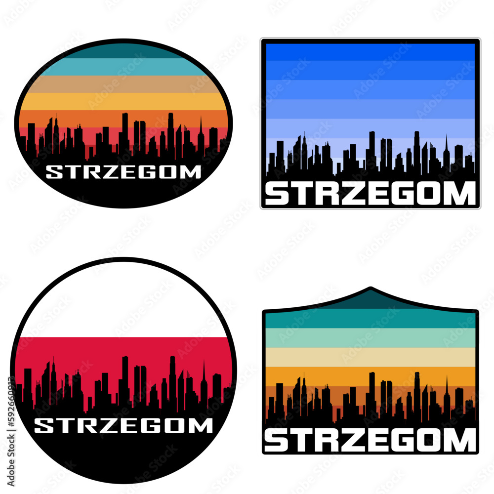 Strzegom Skyline Silhouette Poland Flag Travel Souvenir Sticker Sunset Background Vector Illustration SVG EPS AI
