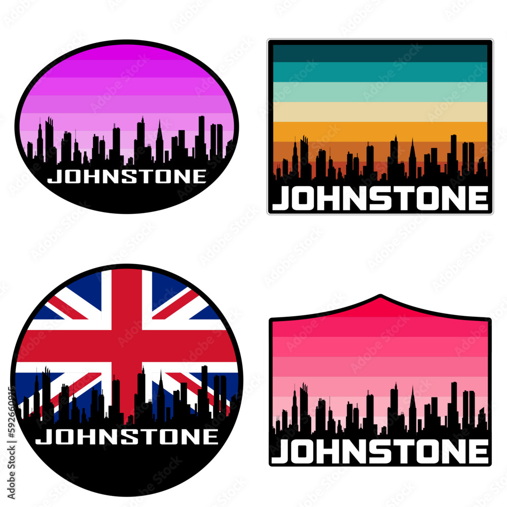 Johnstone Skyline Silhouette Uk Flag Travel Souvenir Sticker Sunset Background Vector Illustration SVG EPS AI
